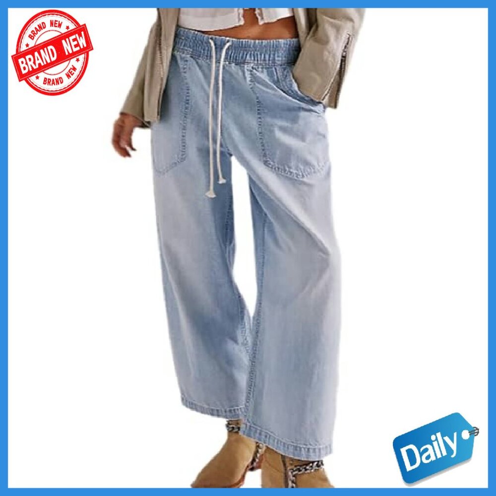 Women's Drawstring Waist Wide Leg Cropped Denim Pants Size S-XXL - Picture 2 of 5